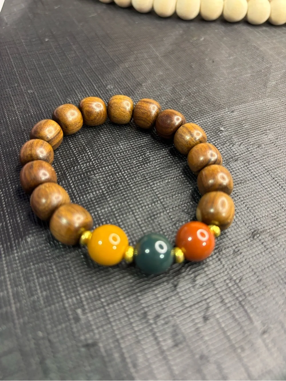 Wood Bead Bracelet with Yellow, Green, and Orange Accent Beads